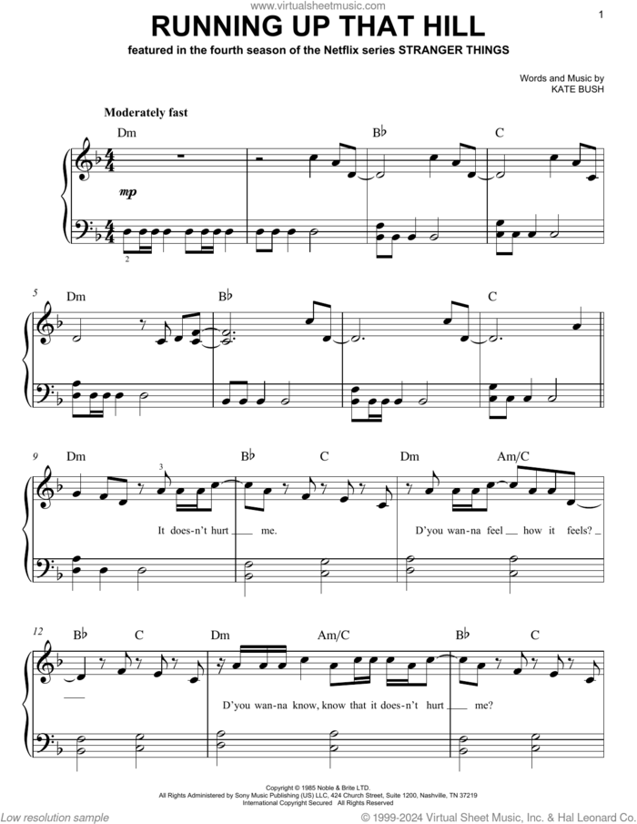 Running Up That Hill sheet music for piano solo by Kate Bush, easy skill level