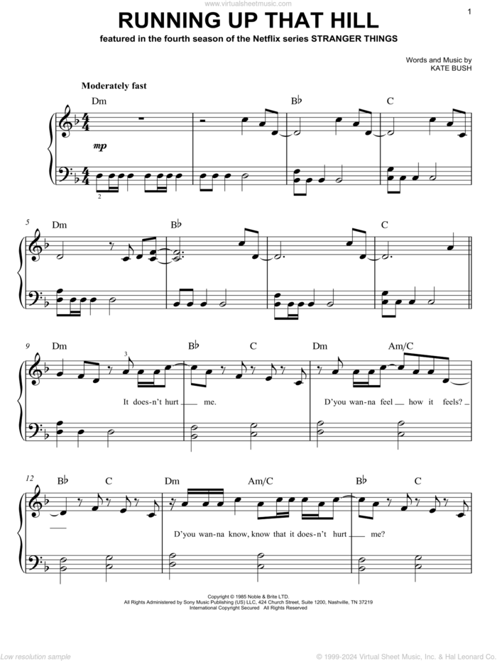 Running Up That Hill sheet music for piano solo by Kate Bush, easy skill level