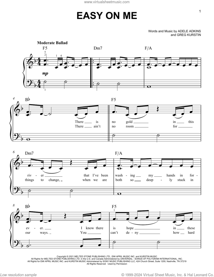 Easy On Me sheet music for piano solo by Adele, Adele Adkins and Greg Kurstin, easy skill level