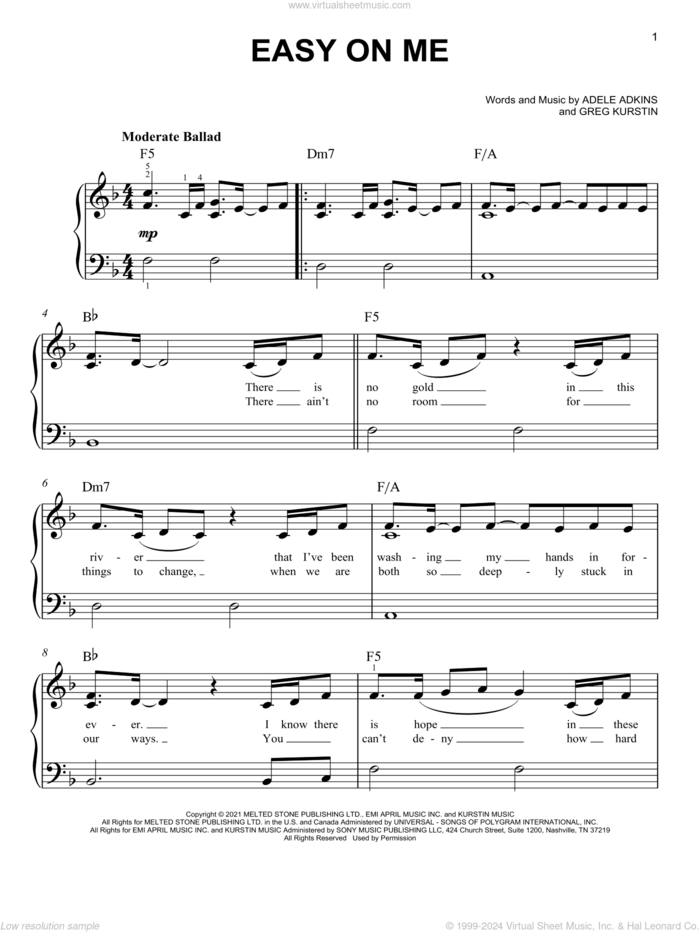 Easy On Me sheet music for piano solo by Adele, Adele Adkins and Greg Kurstin, easy skill level