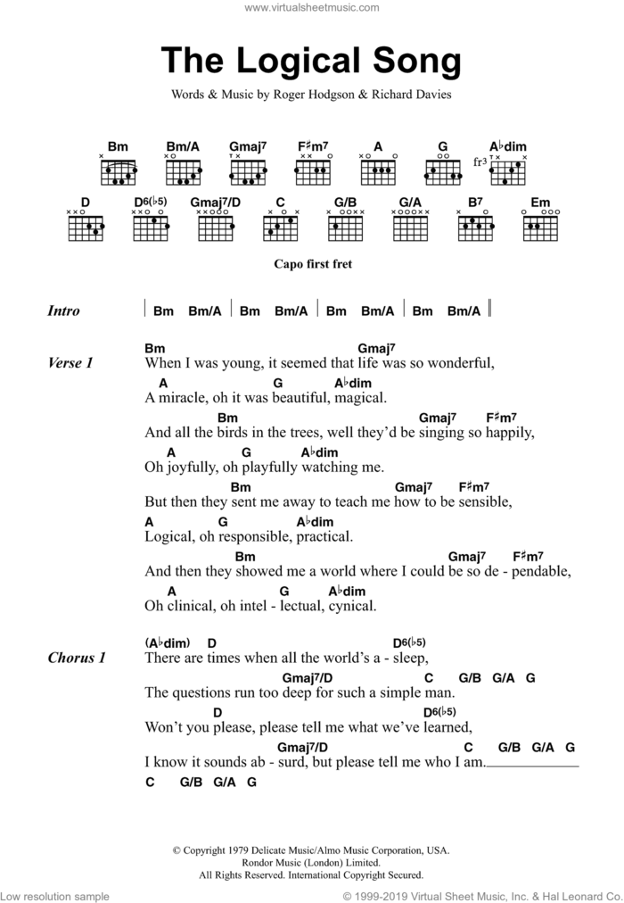 The Logical Song sheet music for guitar (chords) by Supertramp, Rick Davies and Roger Hodgson, intermediate skill level