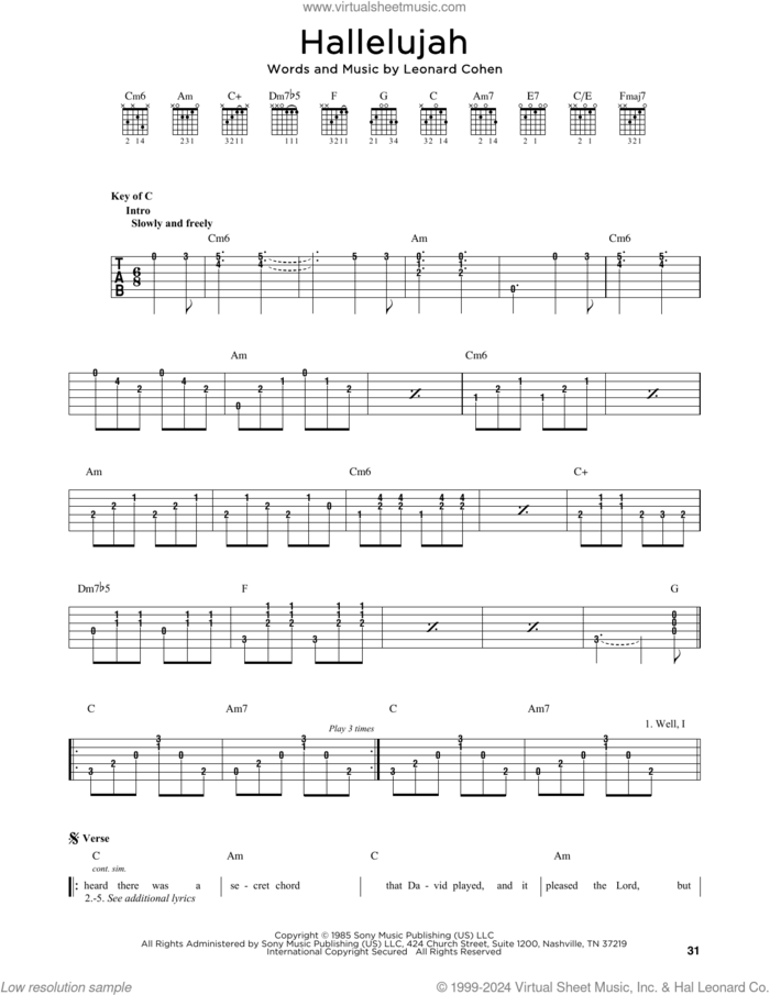 Hallelujah sheet music for guitar solo (lead sheet) by Leonard Cohen, intermediate guitar (lead sheet)