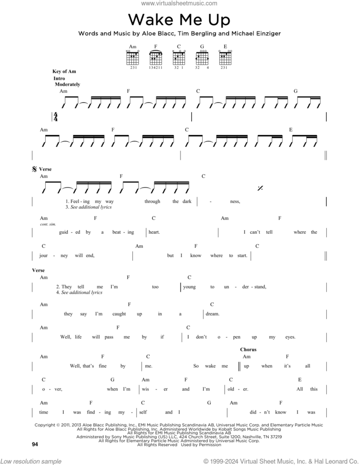 Wake Me Up sheet music for guitar solo (lead sheet) by Avicii, Aloe Blacc, Michael Einziger and Tim Bergling, intermediate guitar (lead sheet)