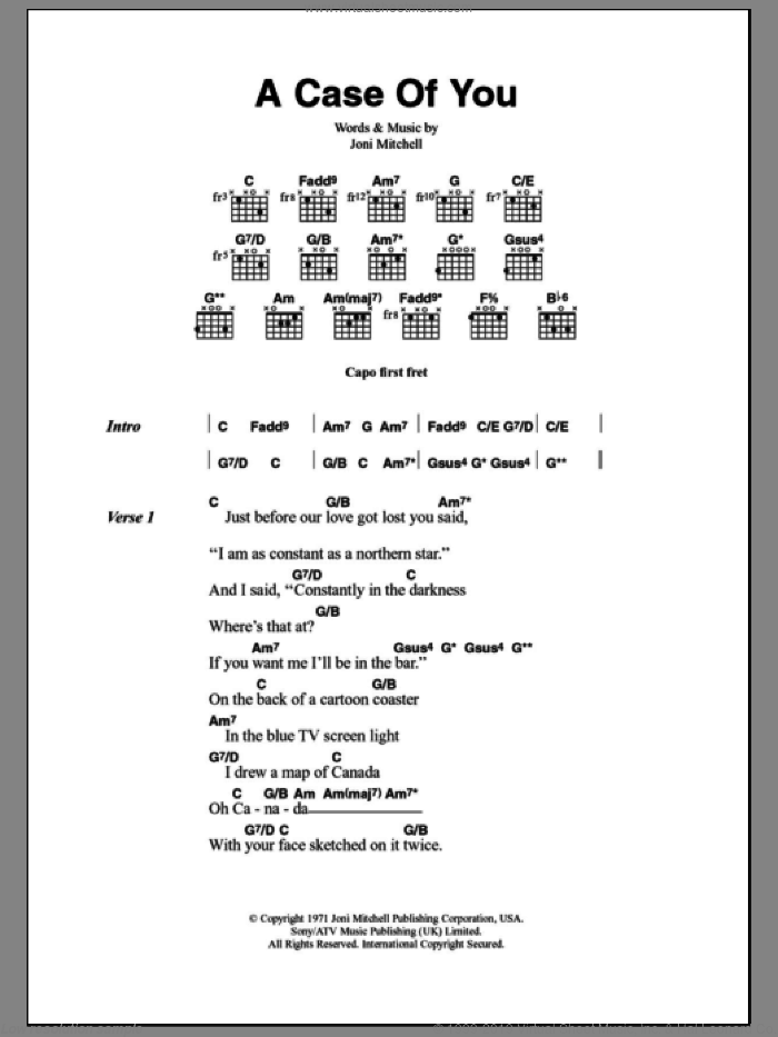 A Case Of You sheet music for guitar (chords) by Joni Mitchell, intermediate skill level
