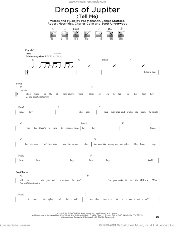 Drops Of Jupiter (Tell Me) sheet music for guitar solo (lead sheet) by Train, Charles Colin, James Stafford, Pat Monahan, Robert Hotchkiss and Scott Underwood, intermediate guitar (lead sheet)