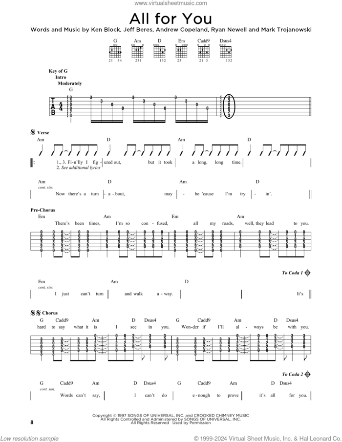 All For You sheet music for guitar solo (lead sheet) by Sister Hazel, Andrew Copeland, Jeff Beres, Ken Block, Mark Trojanowski and Ryan Newell, intermediate guitar (lead sheet)