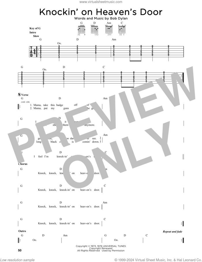 Knockin' On Heaven's Door sheet music for guitar solo (lead sheet) by Bob Dylan and Eric Clapton, intermediate guitar (lead sheet)