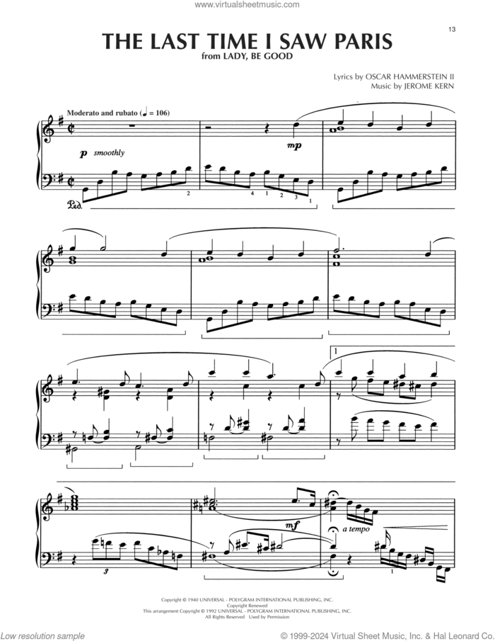 The Last Time I Saw Paris (arr. Dick Hyman) sheet music for piano solo by Oscar II Hammerstein, Dick Hyman and Jerome Kern, intermediate skill level