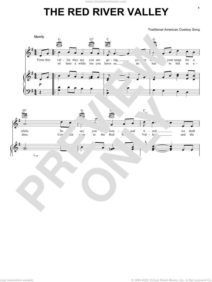 The Red River Valley sheet music for voice, piano or guitar, intermediate skill level