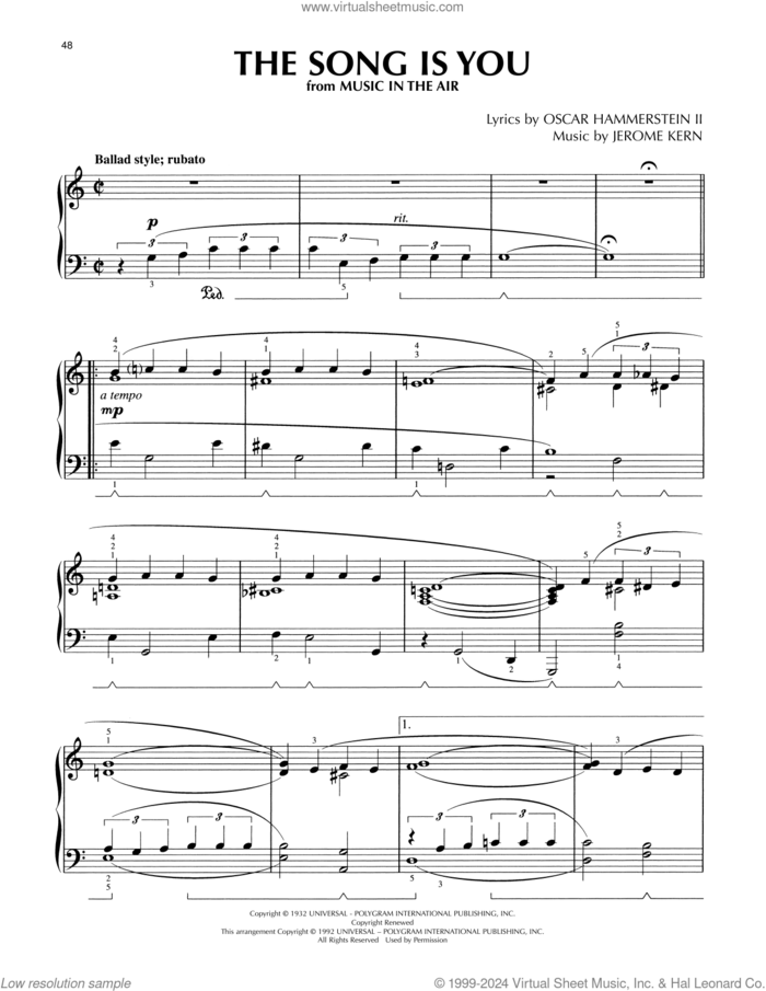 The Song Is You (arr. Lee Evans) sheet music for piano solo by Oscar II Hammerstein, Lee Evans and Jerome Kern, intermediate skill level