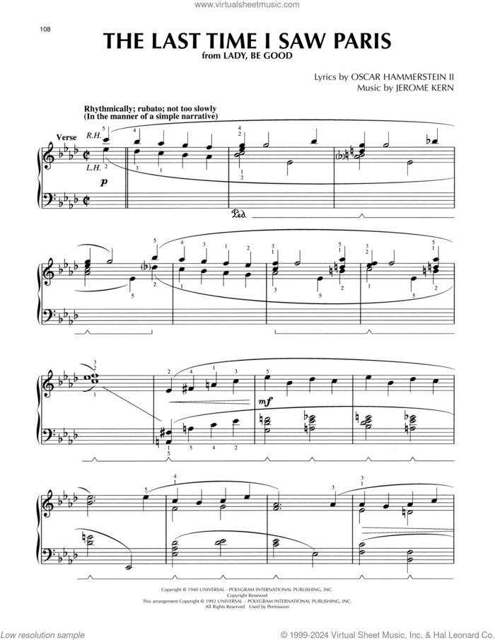 The Last Time I Saw Paris (arr. Lee Evans) sheet music for piano solo by Oscar II Hammerstein, Lee Evans and Jerome Kern, intermediate skill level