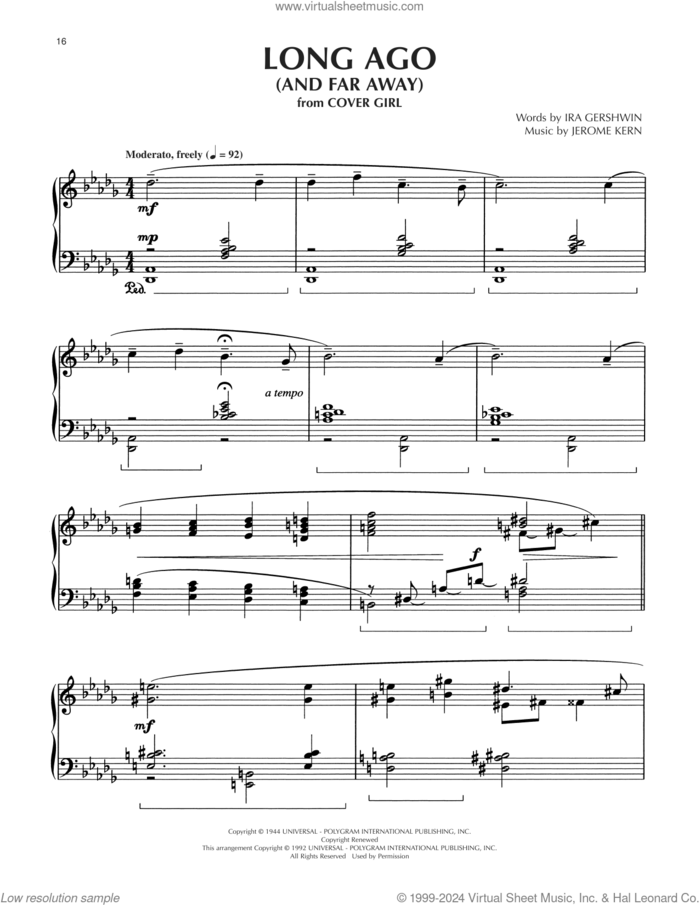 Long Ago (And Far Away), (intermediate) sheet music for piano solo by Ira Gershwin, Dick Hyman and Jerome Kern, intermediate skill level