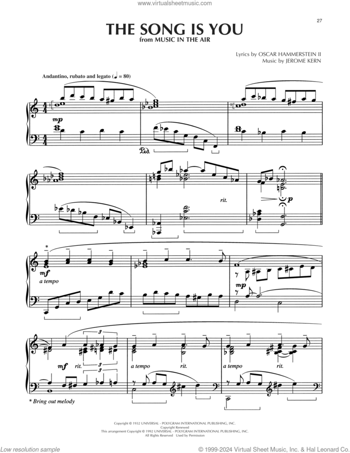 The Song Is You (arr. Dick Hyman) sheet music for piano solo by Oscar II Hammerstein, Dick Hyman and Jerome Kern, intermediate skill level