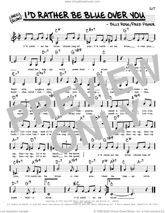 I'd Rather Be Blue Over You (from Funny Girl) (Low Voice) sheet music for voice and other instruments (low voice) by Barbra Streisand, Billy Rose and Fred Fisher, intermediate skill level