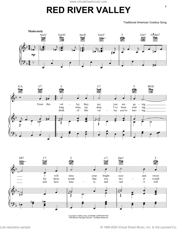 The Red River Valley sheet music for voice, piano or guitar, intermediate skill level