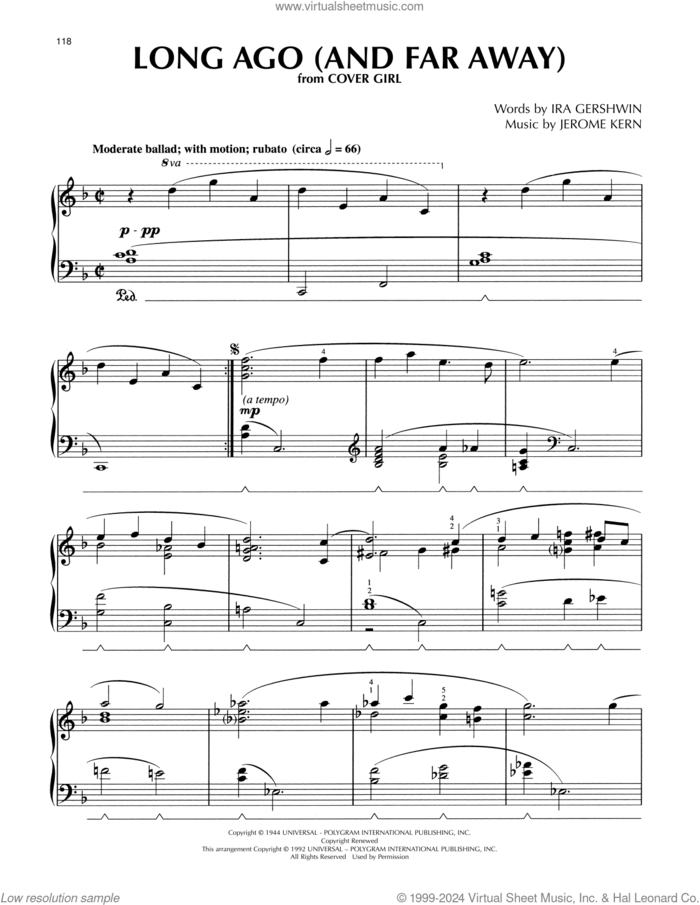 Long Ago (And Far Away) (arr. Lee Evans) sheet music for piano solo by Ira Gershwin, Lee Evans and Jerome Kern, intermediate skill level