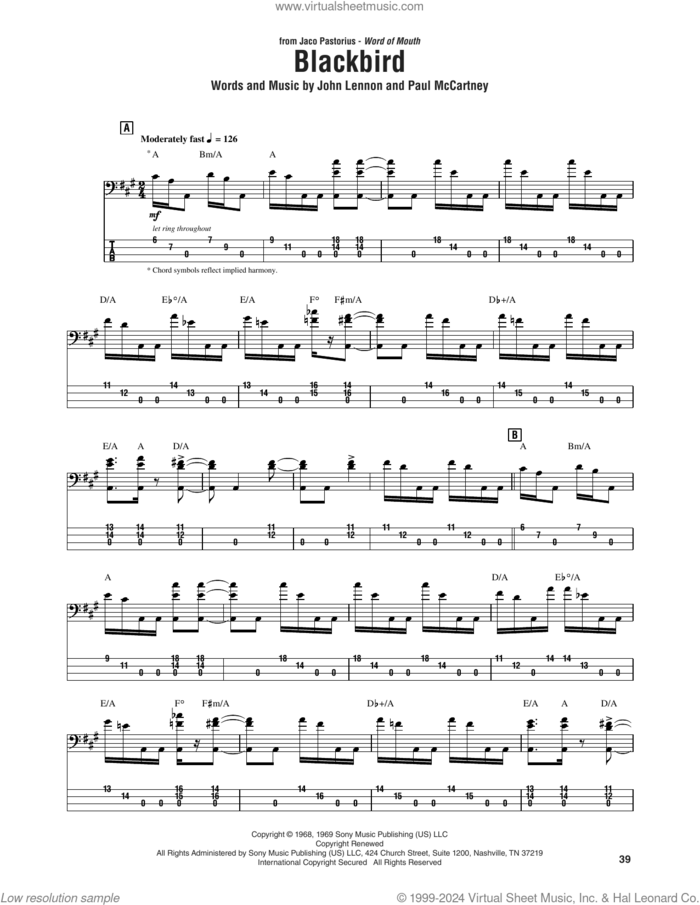 Blackbird sheet music for bass (tablature) (bass guitar) by Jaco Pastorius, The Beatles, John Lennon and Paul McCartney, intermediate skill level