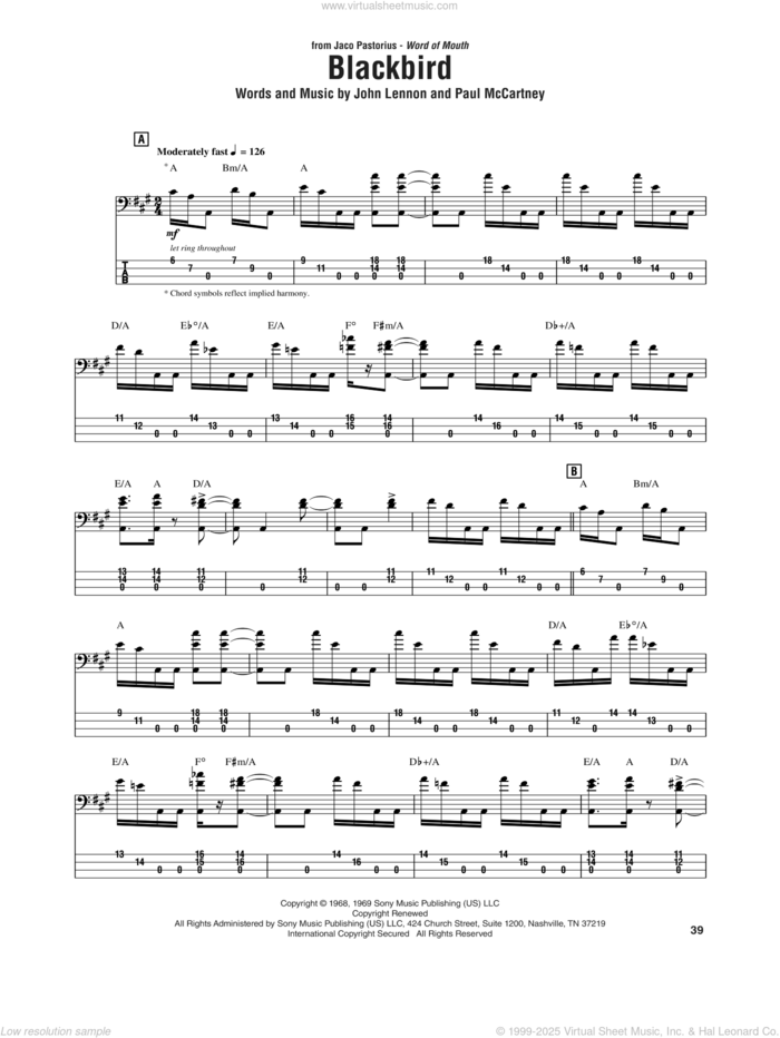 Blackbird sheet music for bass (tablature) (bass guitar) by Jaco Pastorius, The Beatles, John Lennon and Paul McCartney, intermediate skill level