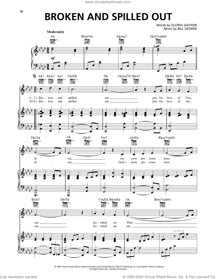 Broken And Spilled Out sheet music for voice, piano or guitar by Steve Green, Bill Gaither, Bill George and Gloria Gaither, intermediate skill level