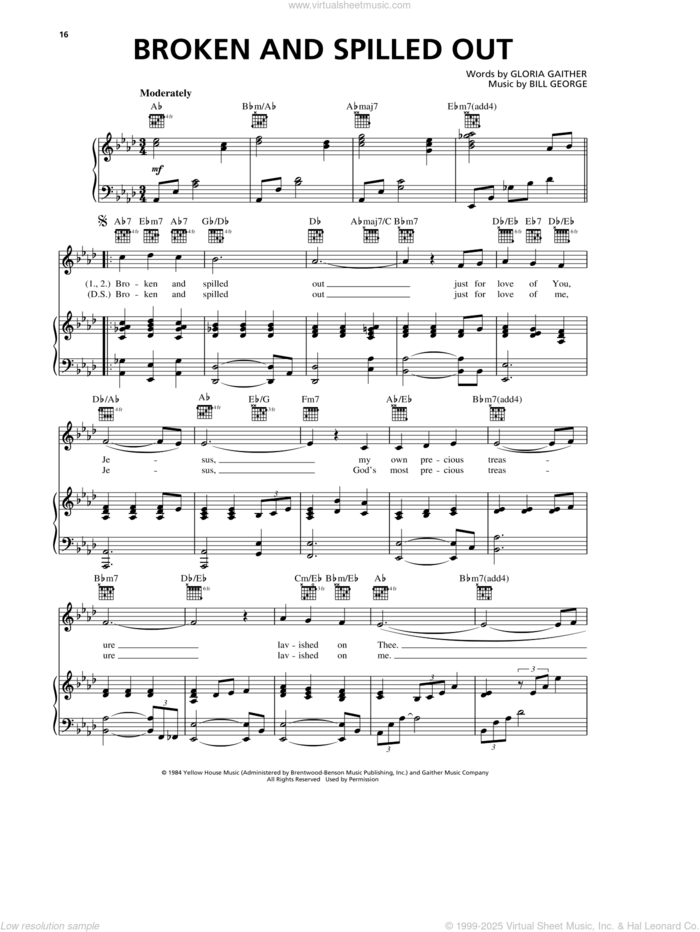 Broken And Spilled Out sheet music for voice, piano or guitar by Steve Green, Bill Gaither, Bill George and Gloria Gaither, intermediate skill level