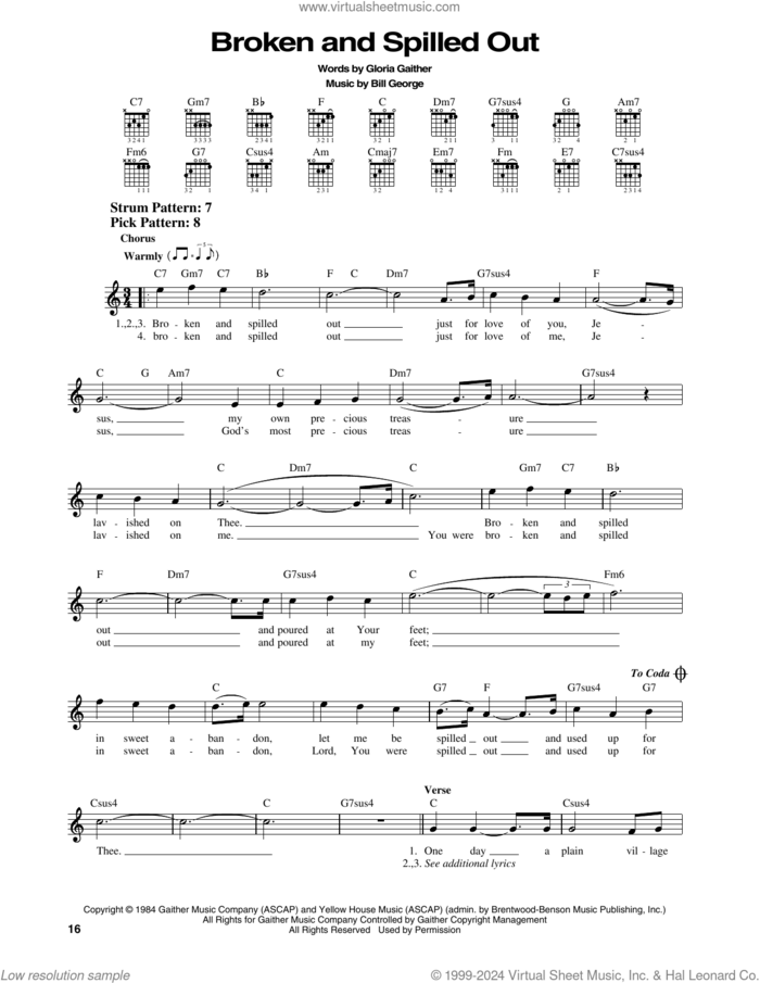 Broken And Spilled Out sheet music for guitar solo (chords) by Steve Green, Bill George and Gloria Gaither, easy guitar (chords)