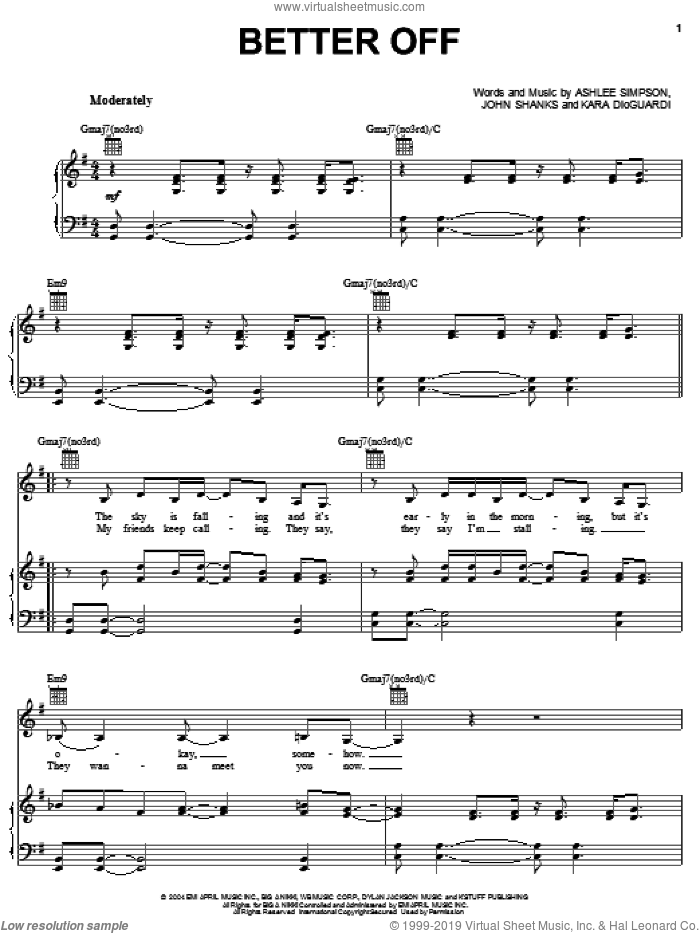 Better Off sheet music for voice, piano or guitar by Ashlee Simpson, John Shanks and Kara DioGuardi, intermediate skill level