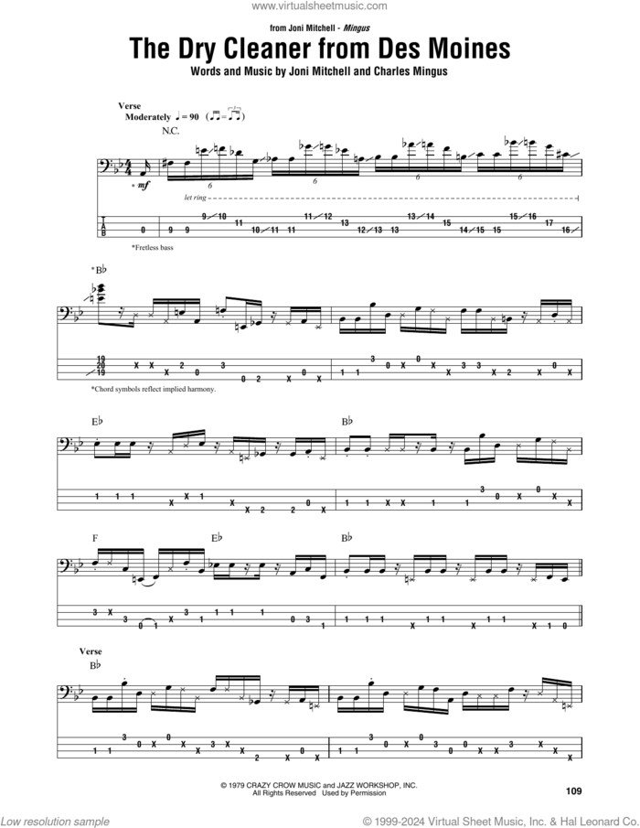 The Dry Cleaner From Des Moines sheet music for bass (tablature) (bass guitar) by Joni Mitchell, Jaco Pastorius and Charles Mingus, intermediate skill level