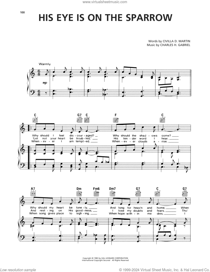 His Eye Is On The Sparrow sheet music for voice, piano or guitar by Charles H. Gabriel and Civilla D. Martin, intermediate skill level