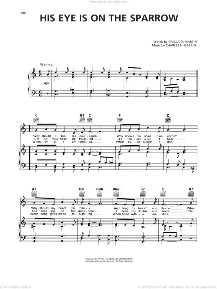 His Eye Is On The Sparrow sheet music for voice, piano or guitar by Charles H. Gabriel and Civilla D. Martin, intermediate skill level