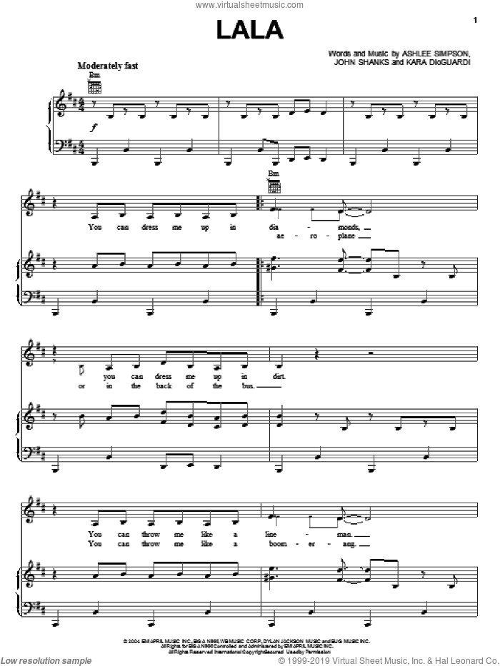 Lala sheet music for voice, piano or guitar by Ashlee Simpson, Kara DioGuardi and John Shanks, intermediate skill level