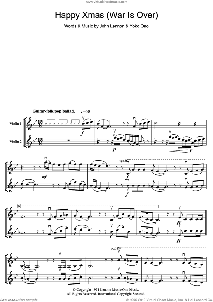 Happy Xmas (War Is Over) sheet music for two violins (duets, violin duets) by John Lennon and Yoko Ono, intermediate skill level