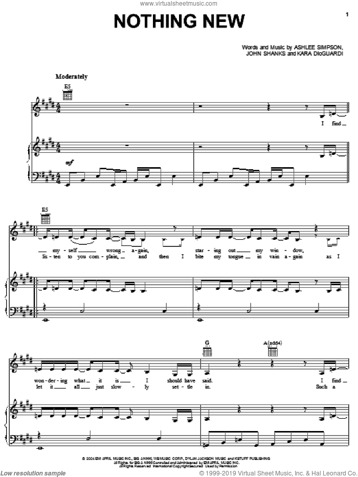 Nothing New sheet music for voice, piano or guitar by Ashlee Simpson, John Shanks and Kara DioGuardi, intermediate skill level