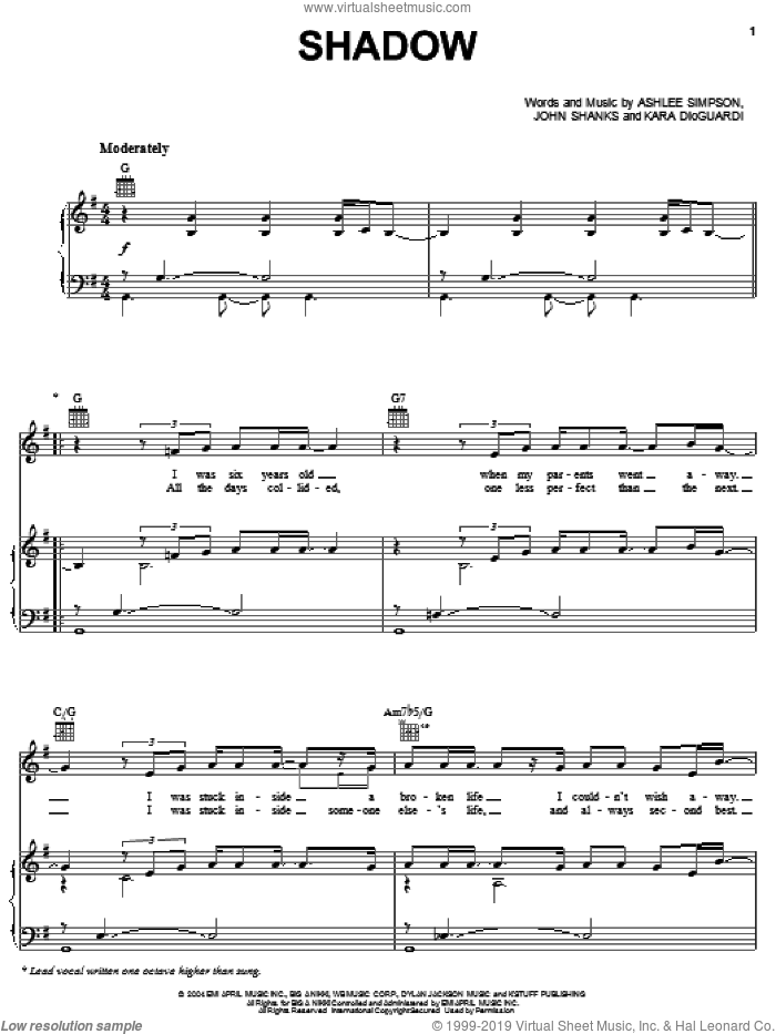 Shadow sheet music for voice, piano or guitar by Ashlee Simpson, John Shanks and Kara DioGuardi, intermediate skill level