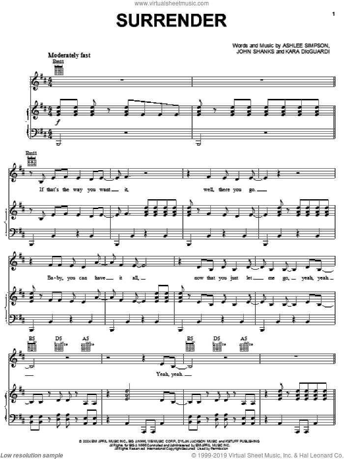 Surrender sheet music for voice, piano or guitar by Ashlee Simpson, John Shanks and Kara DioGuardi, intermediate skill level