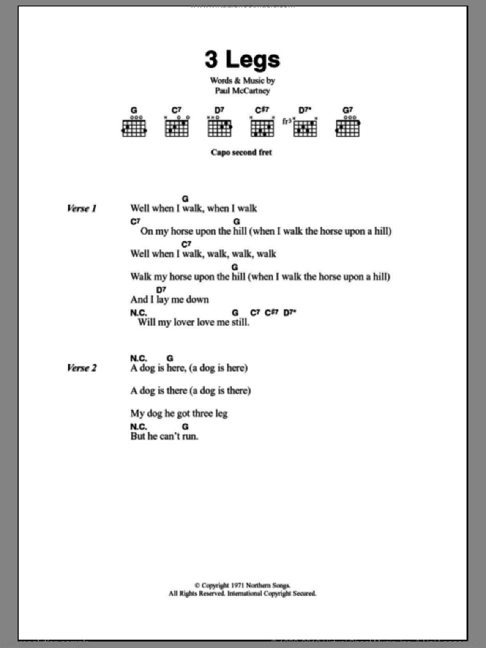 3 Legs sheet music for guitar (chords) by Paul McCartney, intermediate skill level