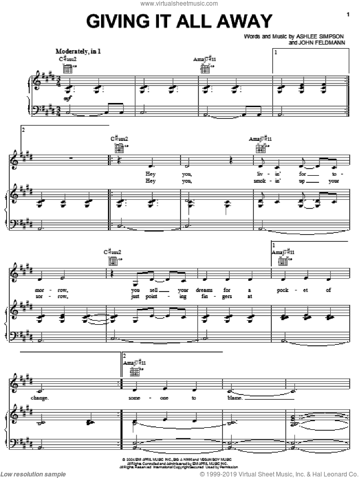 Giving It All Away sheet music for voice, piano or guitar by Ashlee Simpson and John Feldmann, intermediate skill level