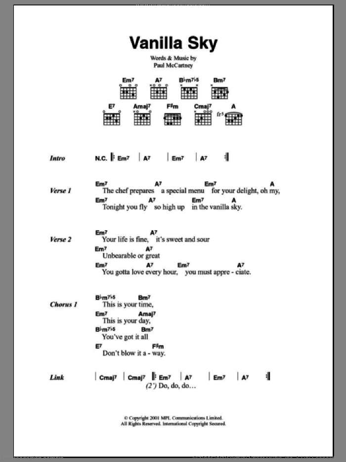 Vanilla Sky sheet music for guitar (chords) by Paul McCartney, intermediate skill level