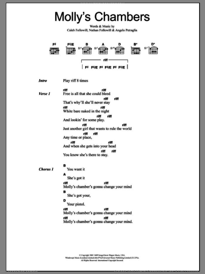 Molly's Chambers sheet music for guitar (chords) by Kings Of Leon, Angelo Petraglia, Caleb Followill and Nathan Followill, intermediate skill level