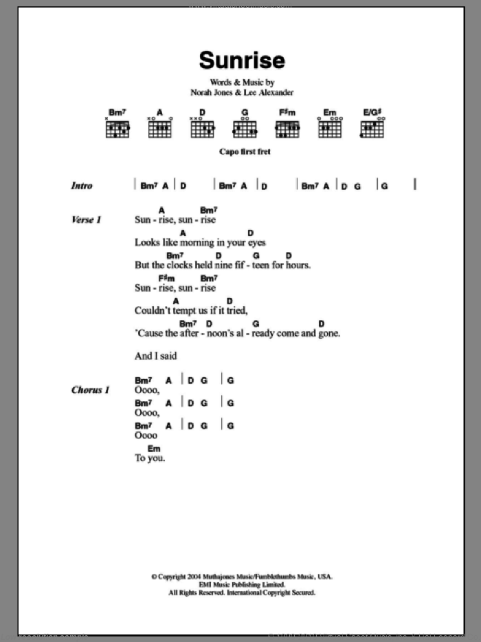 Sunrise sheet music for guitar (chords) by Norah Jones and Lee Alexander, intermediate skill level