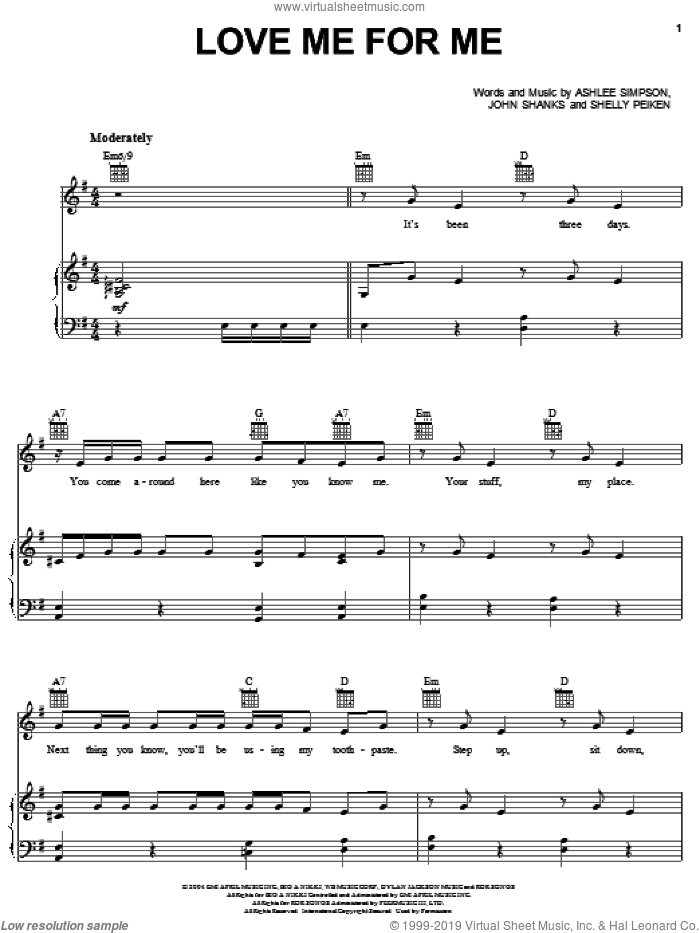 Love Me For Me sheet music for voice, piano or guitar by Ashlee Simpson, John Shanks and Shelly Peiken, intermediate skill level