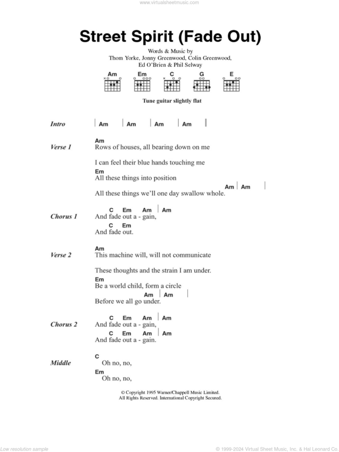 Street Spirit (Fade Out) sheet music for guitar (chords) by Radiohead, Colin Greenwood, Jonny Greenwood, Phil Selway and Thom Yorke, intermediate skill level