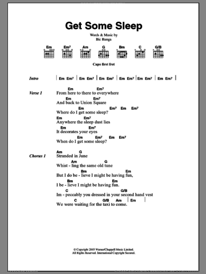 Get Some Sleep sheet music for guitar (chords) by Bic Runga, intermediate skill level