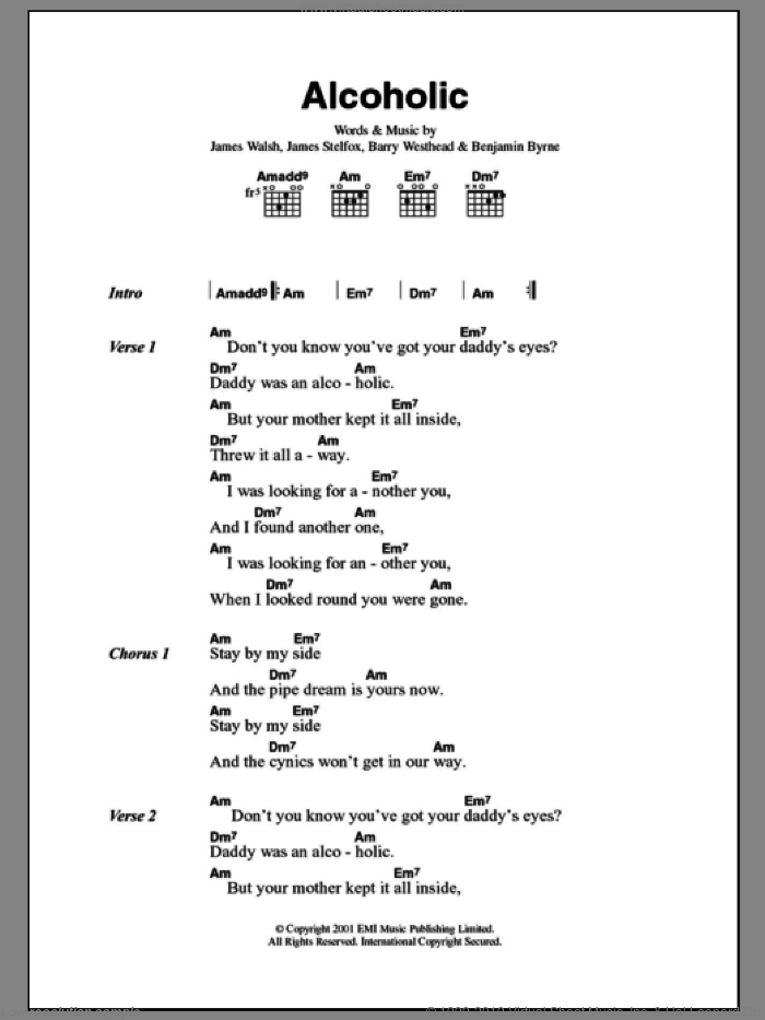 Alcoholic sheet music for guitar (chords) by Starsailor, Barry Westhead, Benjamin Byrne, James Stelfox and James Walsh, intermediate skill level