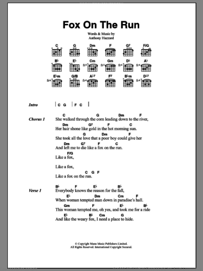 Fox On The Run sheet music for guitar (chords) by Tony Hazzard, Manfred Mann and Sweet, intermediate skill level