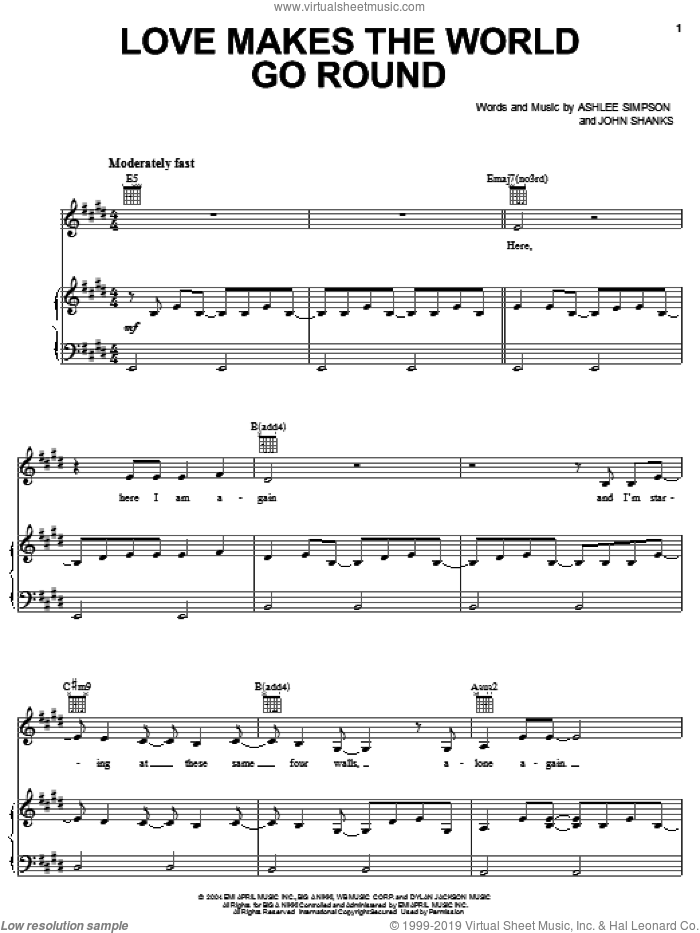 Love Makes The World Go Round sheet music for voice, piano or guitar by Ashlee Simpson and John Shanks, intermediate skill level