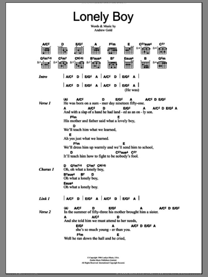 Lonely Boy sheet music for guitar (chords) by Andrew Gold, intermediate skill level