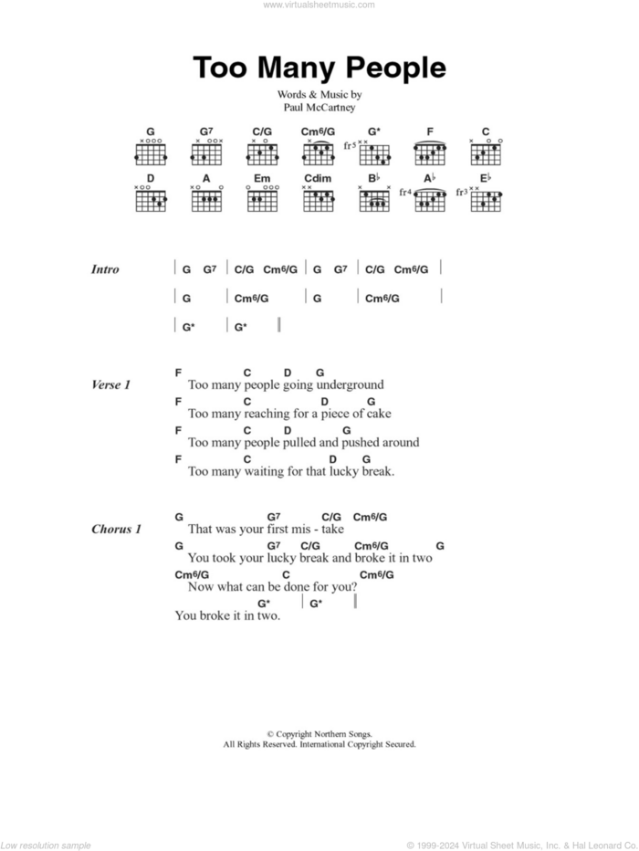 Too Many People sheet music for guitar (chords) by Paul McCartney, intermediate skill level