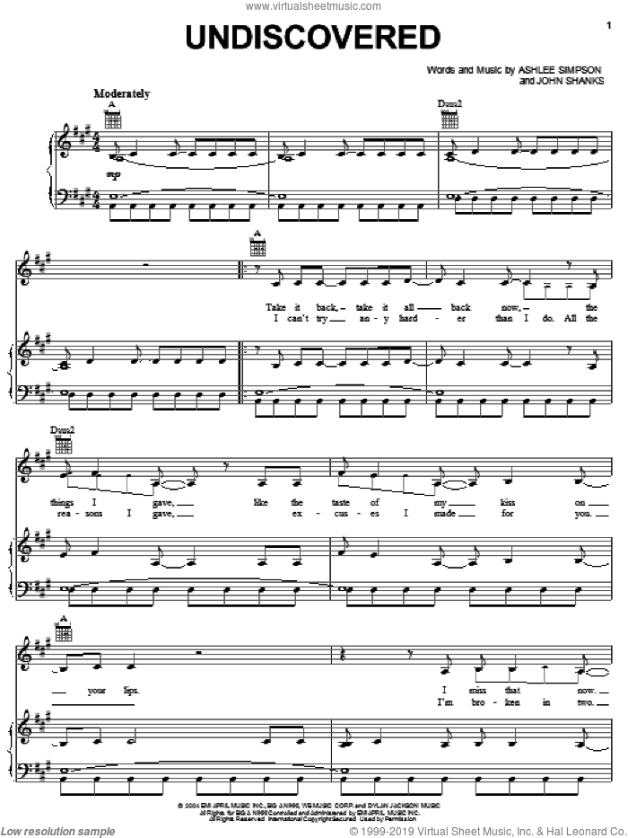 Undiscovered sheet music for voice, piano or guitar by Ashlee Simpson and John Shanks, intermediate skill level