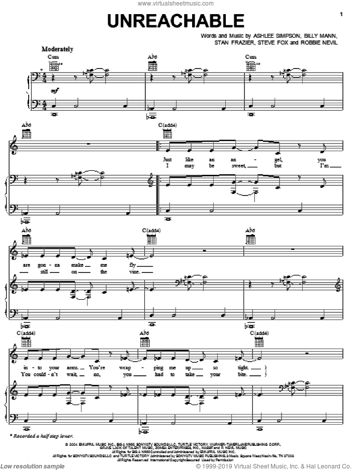 Unreachable sheet music for voice, piano or guitar by Ashlee Simpson, Billy Mann, Robbie Nevil, Stan Frazier and Steve Fox, intermediate skill level