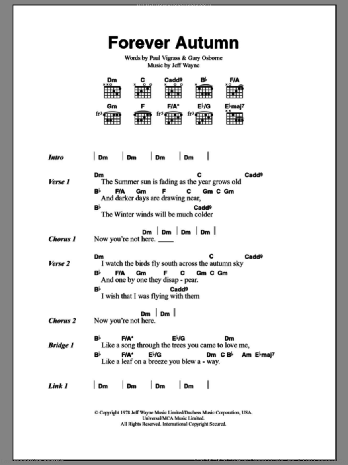Forever Autumn sheet music for guitar (chords) by Jeff Wayne, Justin Hayward, Gary Osborne and Paul Vigrass, intermediate skill level